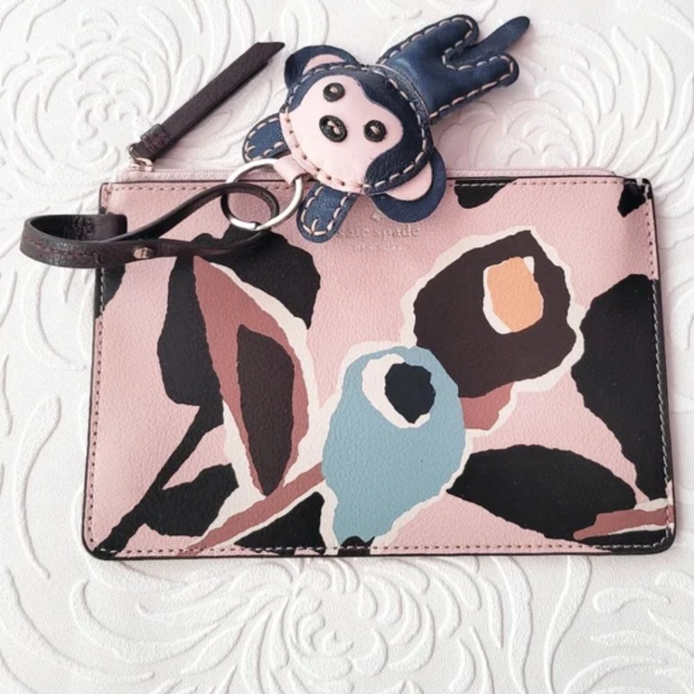 Kate Spade Abstract Zip leater Pouch w 3D Monkey key chain - Picture 2 of 11